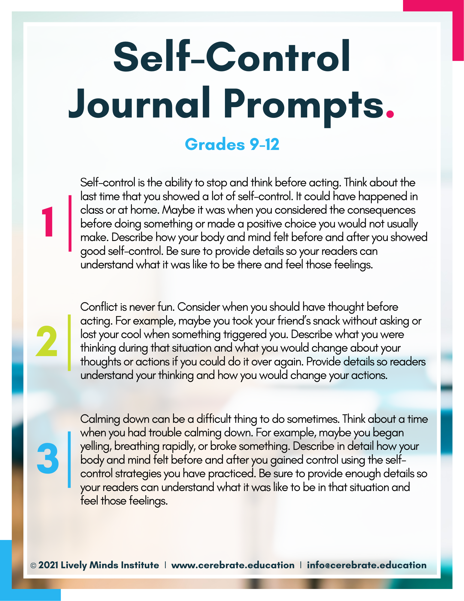Executive Function Journal Writing Prompts for high school students