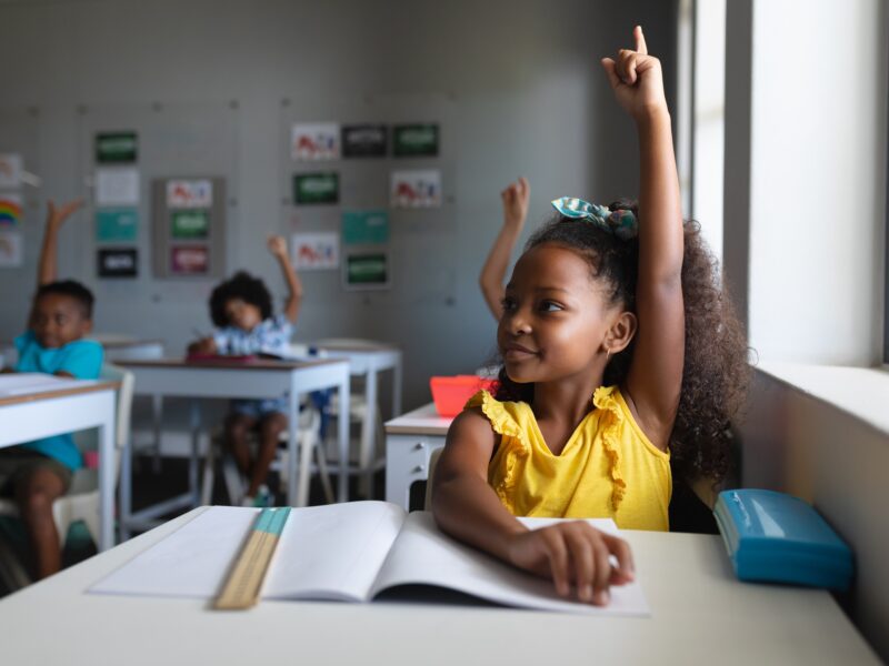 Elementary student raising her hand during a helpful discussion question session.